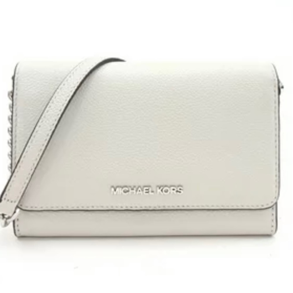 NEW! MICHAEL KORS Jet Set Travel Leather Phone Crossbody in Aluminum